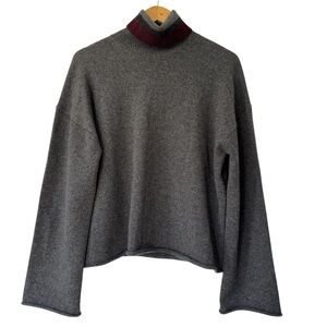 Theory Plaited Neck Stripe Cashmere Turtleneck in dark grey